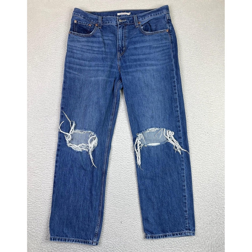 Levis Low Pro Straight Jeans Womens 32 Blue Distressed Ripped Knee Denim 32x30